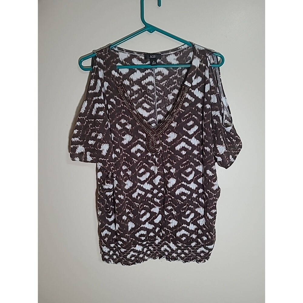 AGB Womens Size XL Brown & White Geometric Blouse Embellished V-Neckline (E)